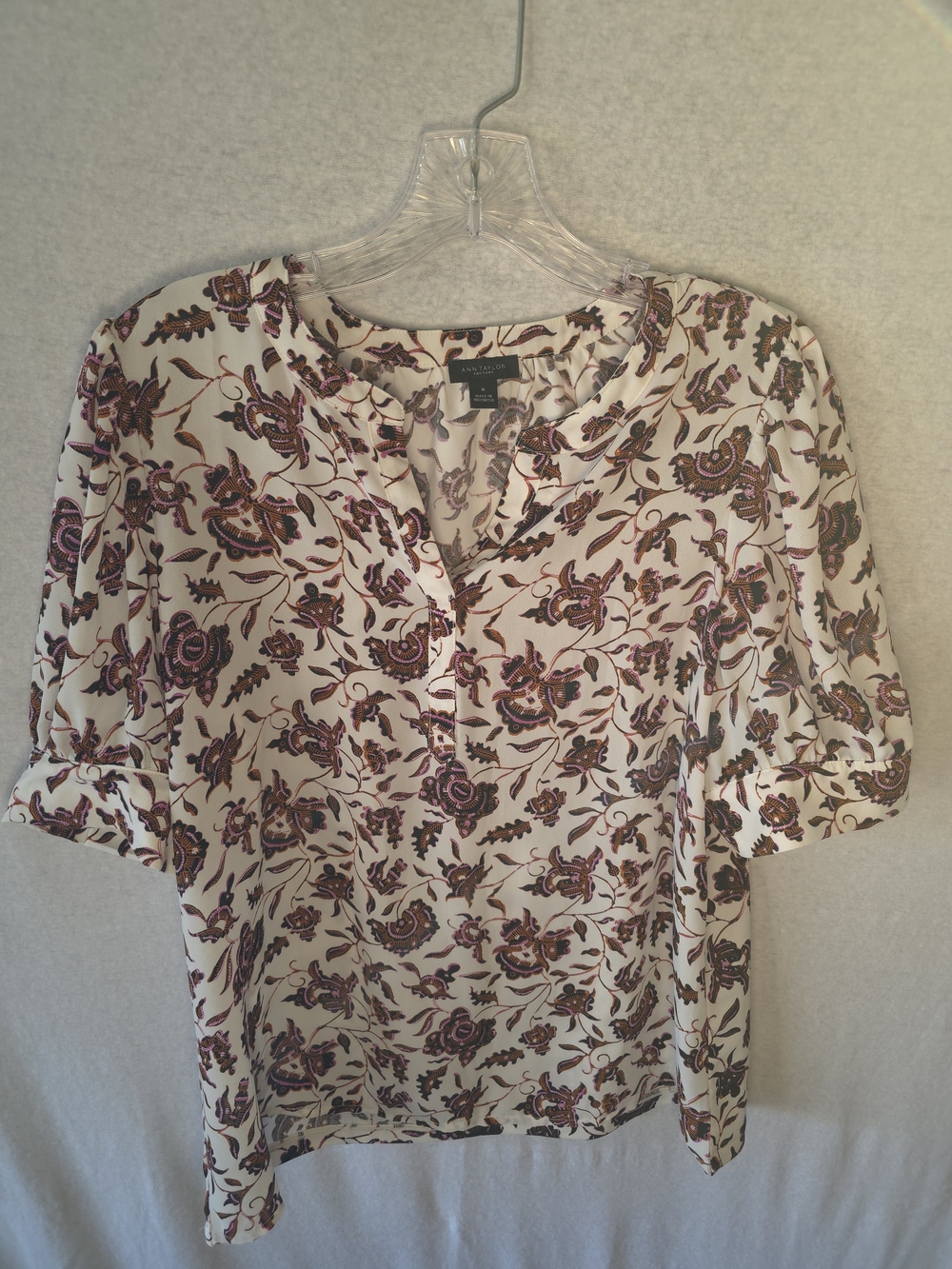 Ann Taylor Cream Blouse with Burgundy Floral Print